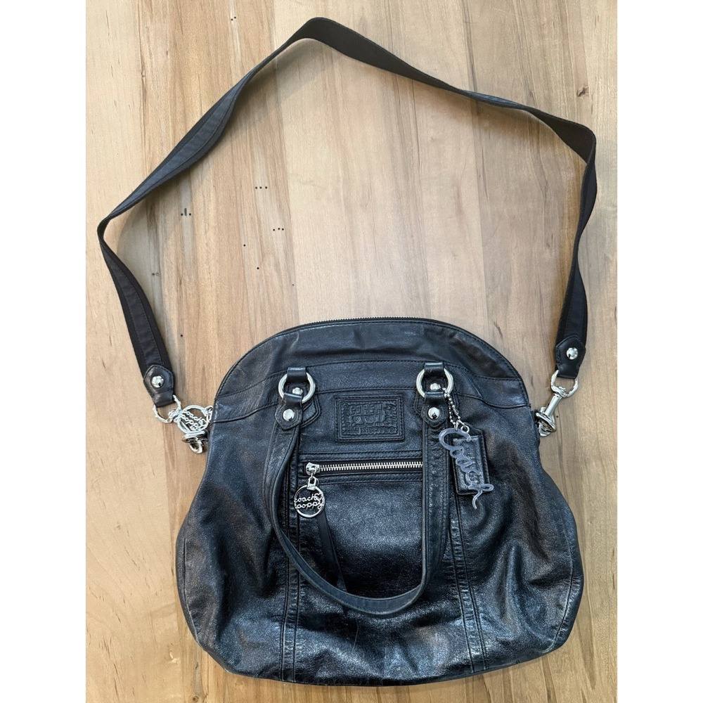 2010 Coach Poppy Black Hobo Bag Satchel Leather L1069-16283 Striped Interior